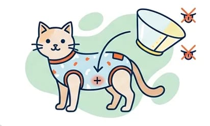 Schaubild einer Katze, die einen OP-Body trägt und neben einem Trichter steht