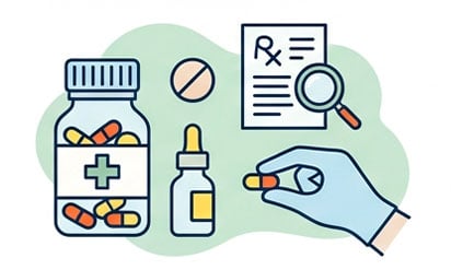 Schaubild von verschiedenen Medikamentenbehältern und Tabletten