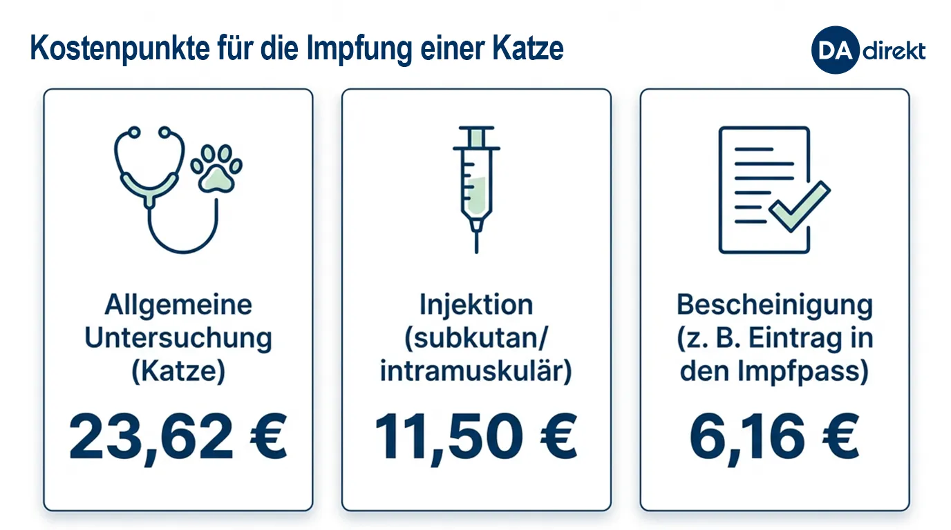 Grafik mit Beispielkosten für Tierarztbehandlungen für Katzen. Links Allgemeine Untersuchung. Mitte Injektion. Rechts Bescheinigungen.