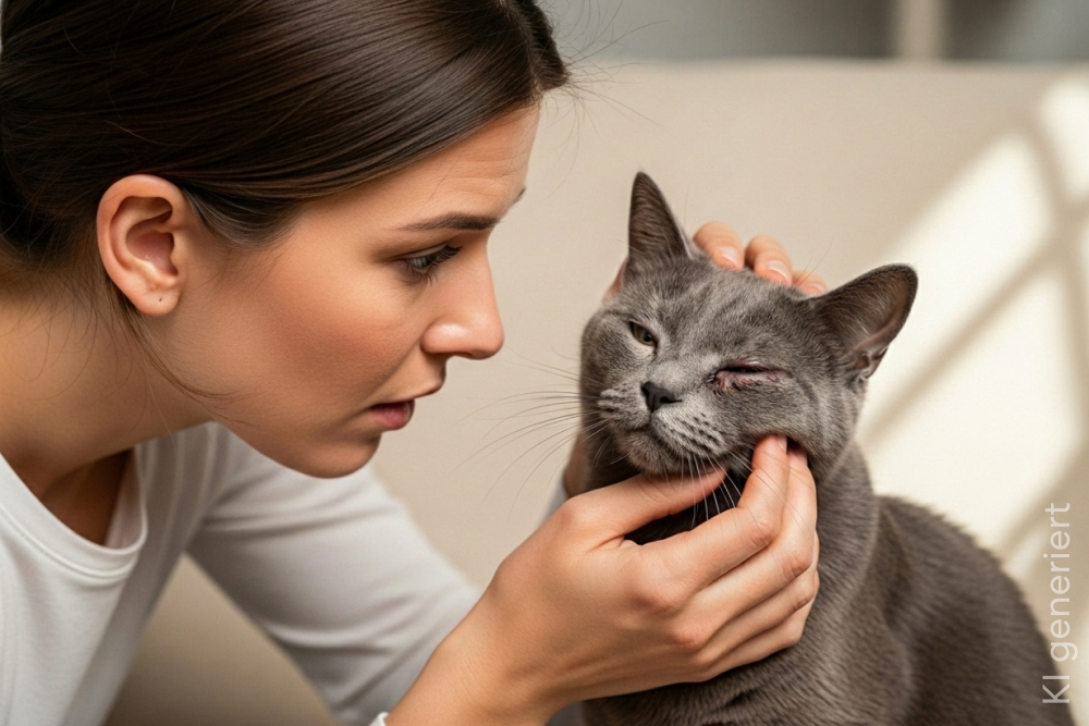Frau streichelt eine Katze mit Bindehautentzündung am Auge.