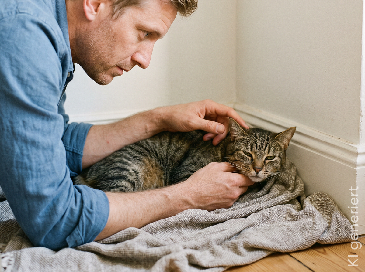 Mann streichelt seine kranke Katze, die auf einer Decke liegt