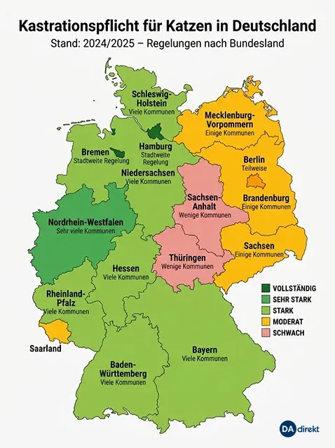 Eine Deutschlandkarte, die die verschiedenen Länderregelungen zur Kastrationspflicht zeigt