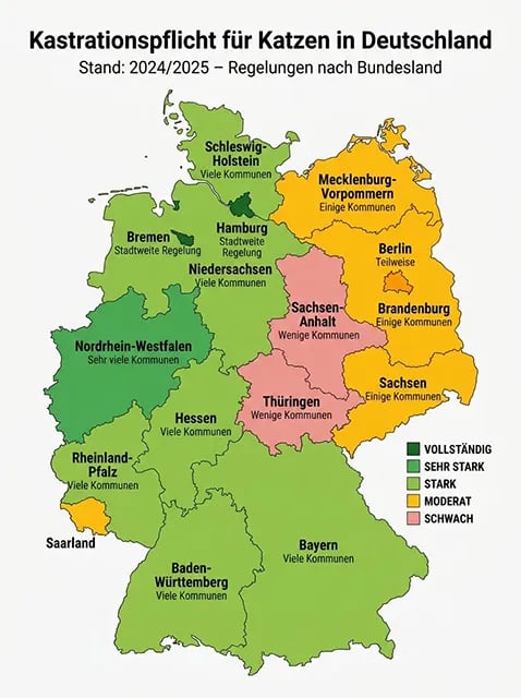 Eine Deutschlandkarte, die die verschiedenen Länderregelungen zur Kastrationspflicht zeigt