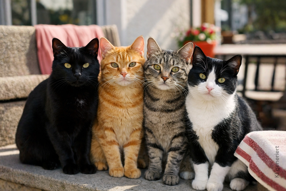 Vier Europäische Kurzhaarkatzen in verschiedenen Farben sitzen nebeneinander.