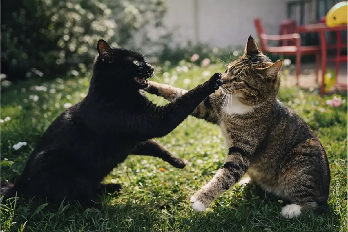Zwei Europäische Kurzhaarkatzen spielen im Garten.
