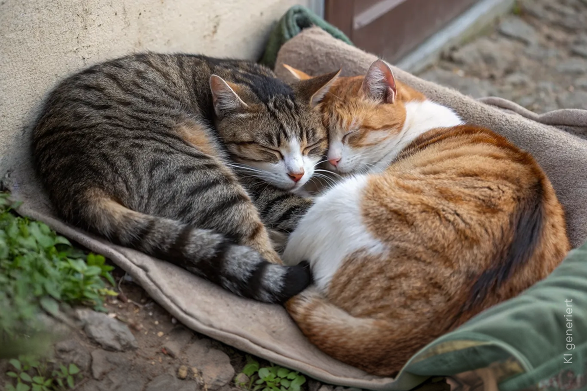 Zwei Europäische Kurzhaarkatzen kuscheln zusammen im Garten.