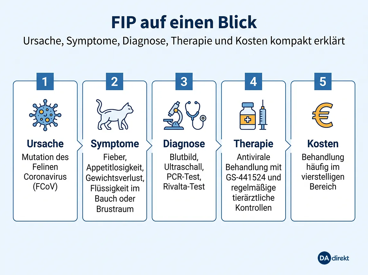 Infografik zu Ursache, Symptome, Diagnose, Therapie und Kosten einer FIP-Infektion