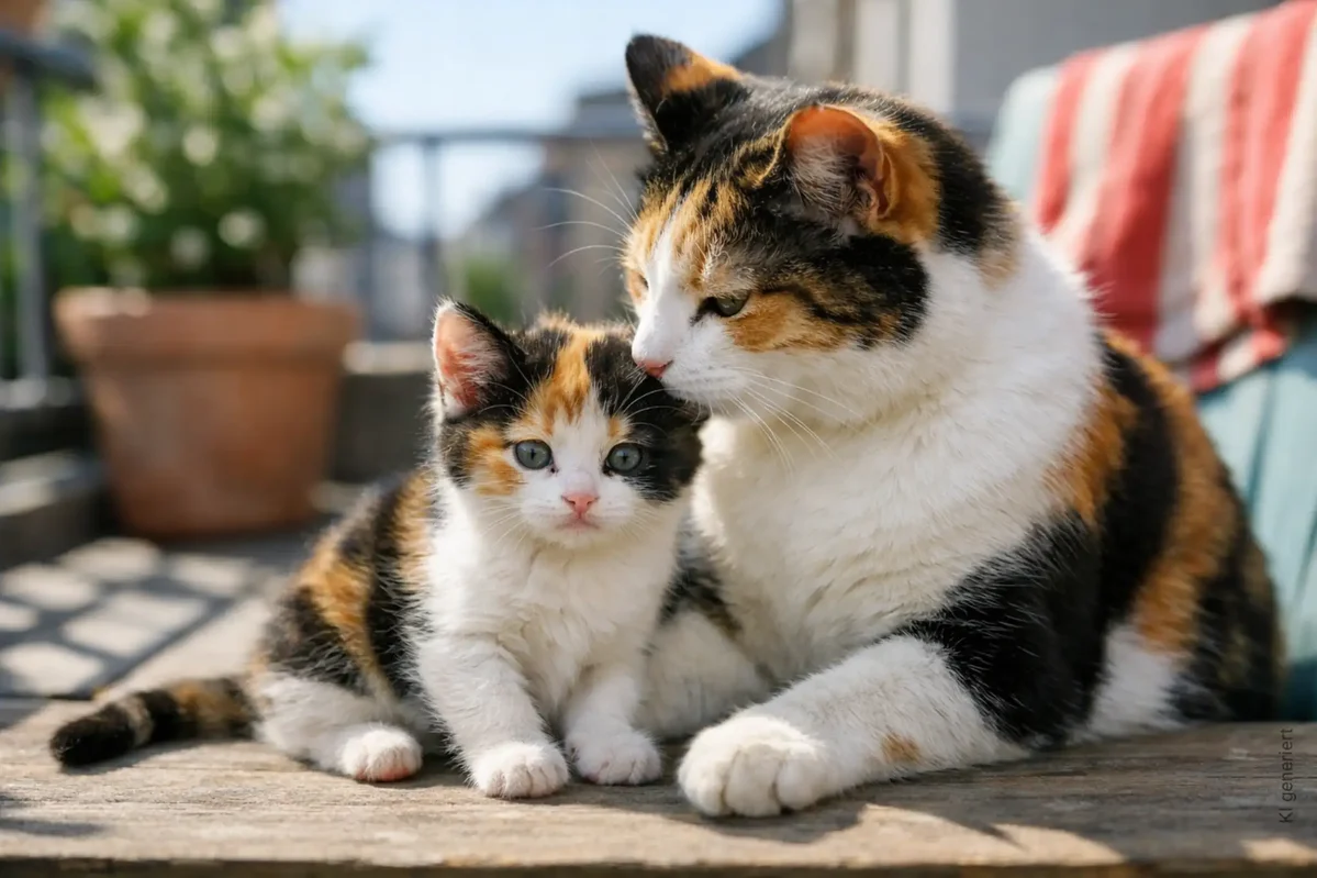 Eine Glückskatze mit ihrem Kitten.