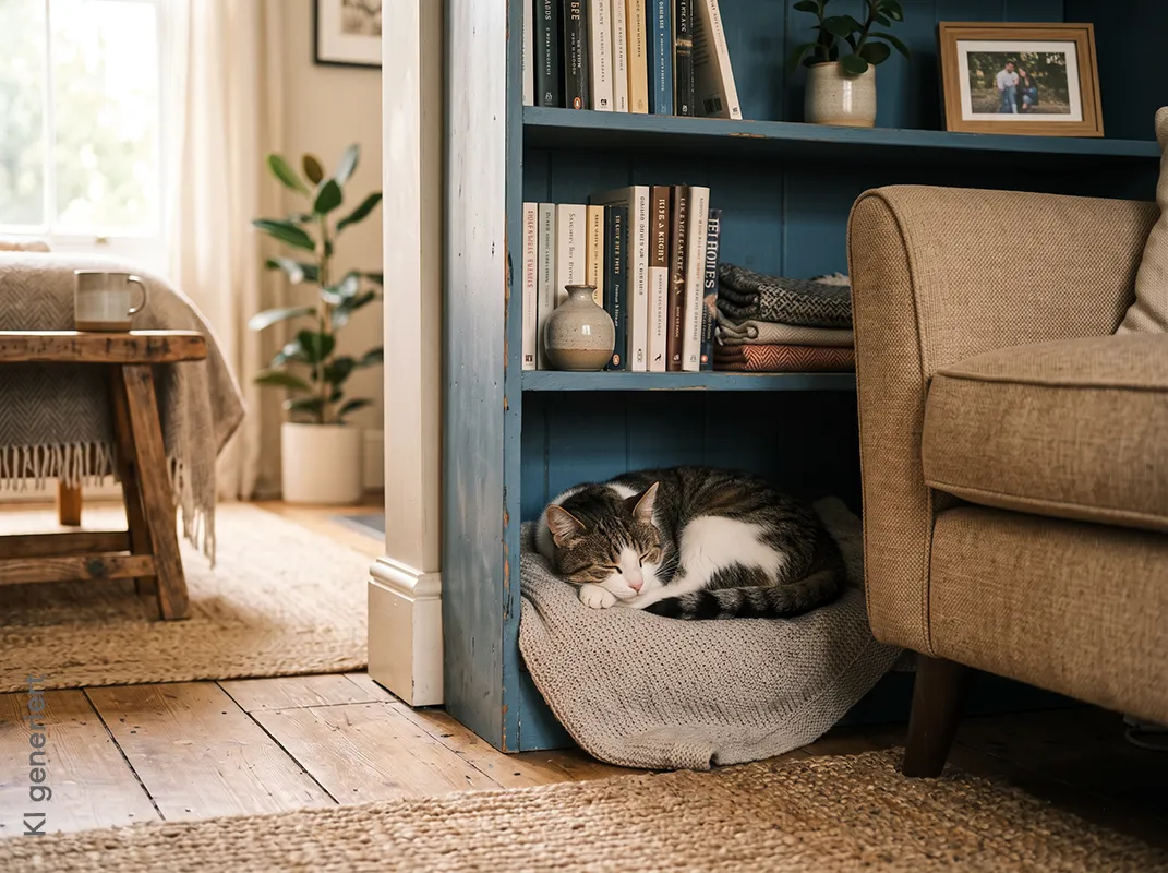 Katze liegt zusammengerollt im Körbchen