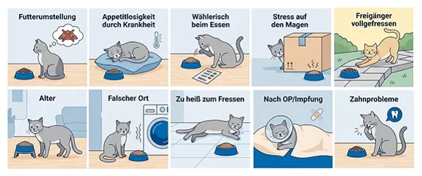 Schaubild möglicher Gründe fur das veränderte Fressverhalten von Katzen, bspw. OP oder Futterumstellung