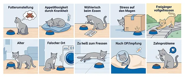 Schaubild möglicher Gründe fur das veränderte Fressverhalten von Katzen, bspw. OP oder Futterumstellung