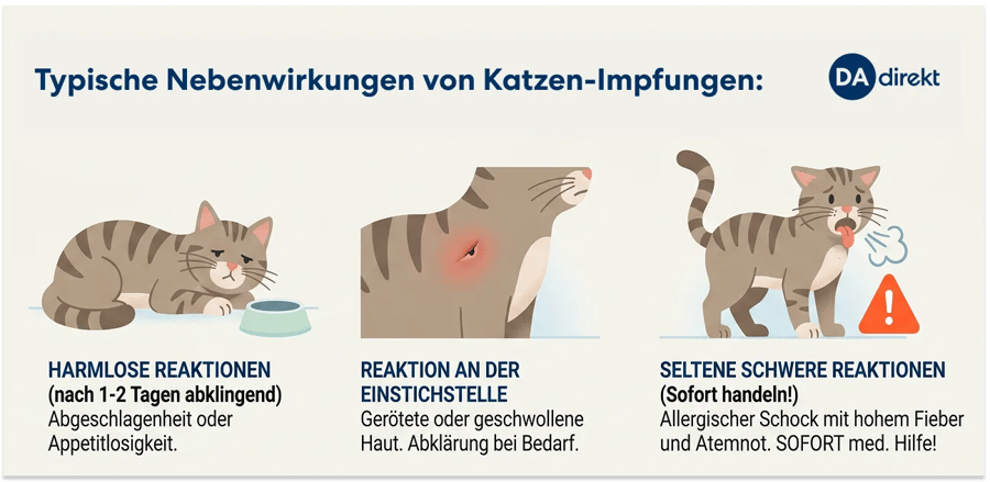 Eine Infografik zeigt typische Nebenwirkungen von Katzen-Impfungen. Die typischen Nebenwirkungen sind im Folgetext näher beschrieben.