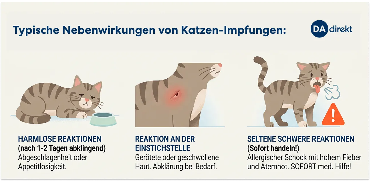 Eine Infografik zeigt typische Nebenwirkungen von Katzen-Impfungen. Die typischen Nebenwirkungen sind im Folgetext näher beschrieben.