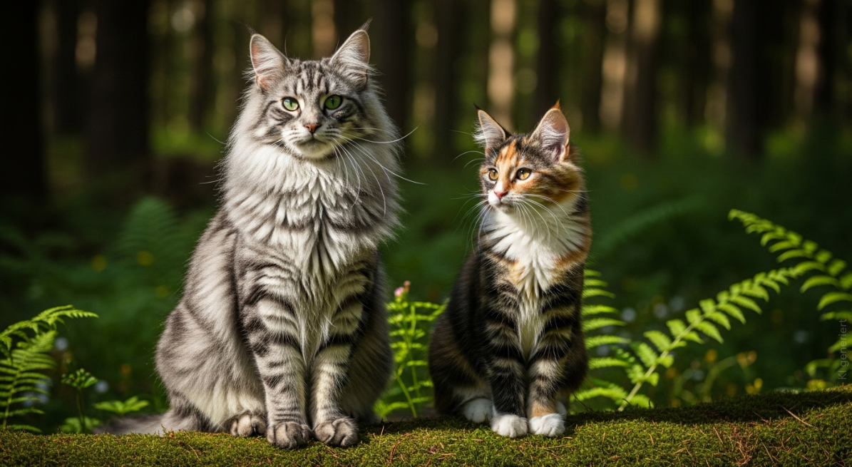 Zwei Norwegische Waldkatzen mit grünem Waldhintergrund