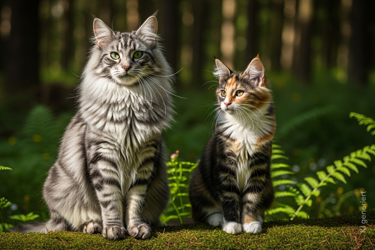 Zwei Norwegische Waldkatzen mit grünem Waldhintergrund.