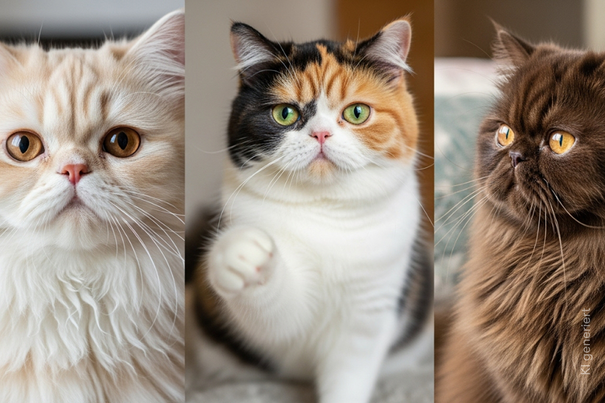 Drei Perserkatzen in hell, mehrfarbig und dunkel.