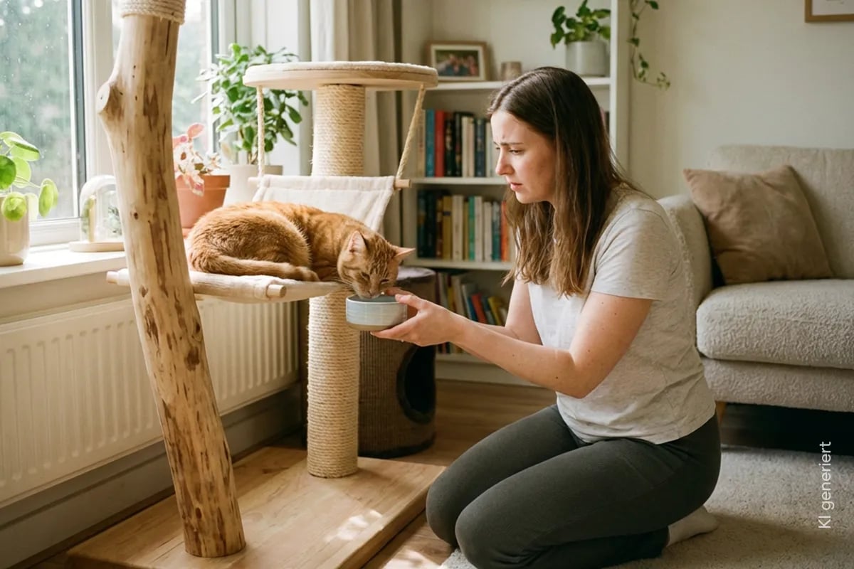 Besorgte Frau kniet vor Kratzbaum und bietet ihrer Katze einen Napf mit Wasser an