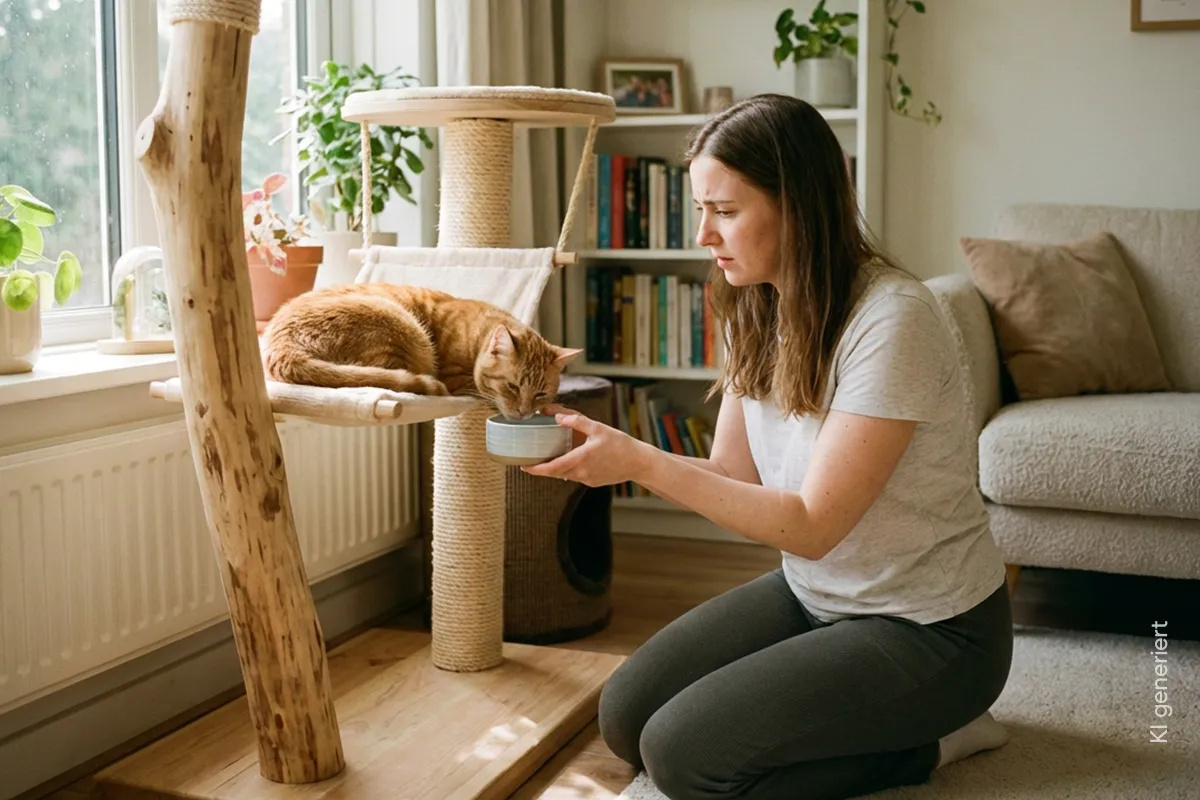 Besorgte Frau kniet vor Kratzbaum und bietet ihrer Katze einen Napf mit Wasser an