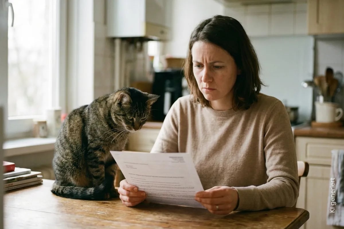 Eine Frau sitzt mit ihrer Katze am Küchentisch und schaut besorgt auf die Tierarztrechnung