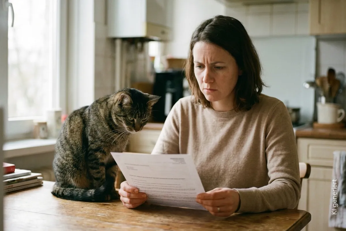 Eine Frau sitzt mit ihrer Katze am Küchentisch und schaut besorgt auf die Tierarztrechnung