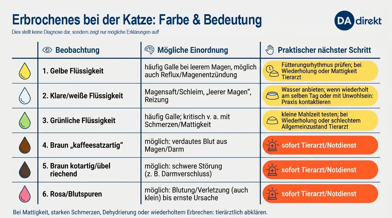 Schematische Darstellung von Erbrochenem bei Katzen inklusive Farbe und Bedeutung.