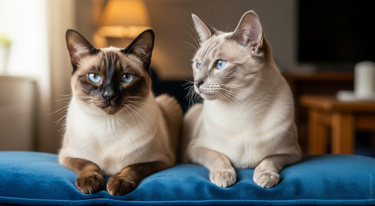 Zwei Siamkatzen auf einem blauen Kissen