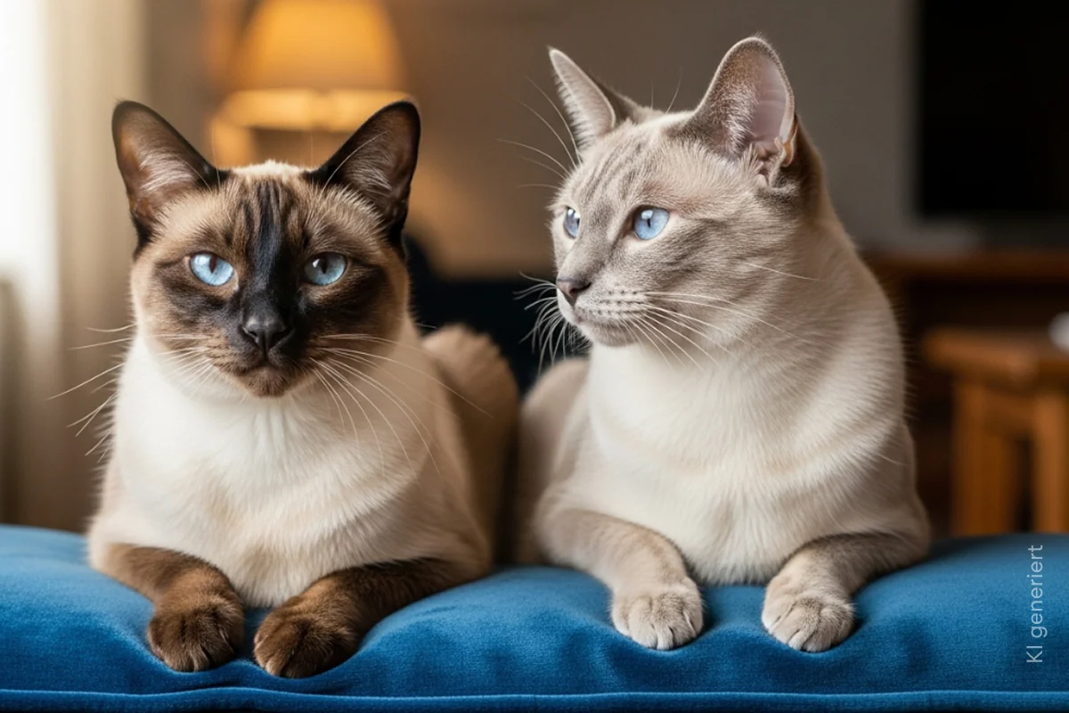 Zwei Siamkatzen auf einem blauen Kissen.