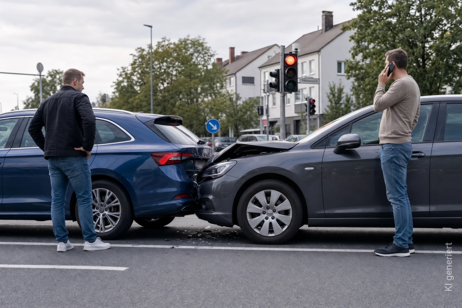 Zwei Autofahrer telefonieren mit ihren Versicherungen nach Auffahrunfall
