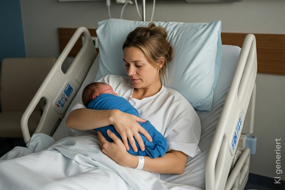 Mutter mit frisch geborenem Baby in Krankenhausbett.