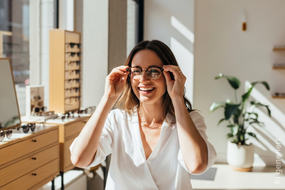 Eine Frau probiert in einem modernen, hellen Optikergeschäft eine Brille an.  Durch ihre Zusatzversicherung für Brillen werden die Kosten übernommen.
