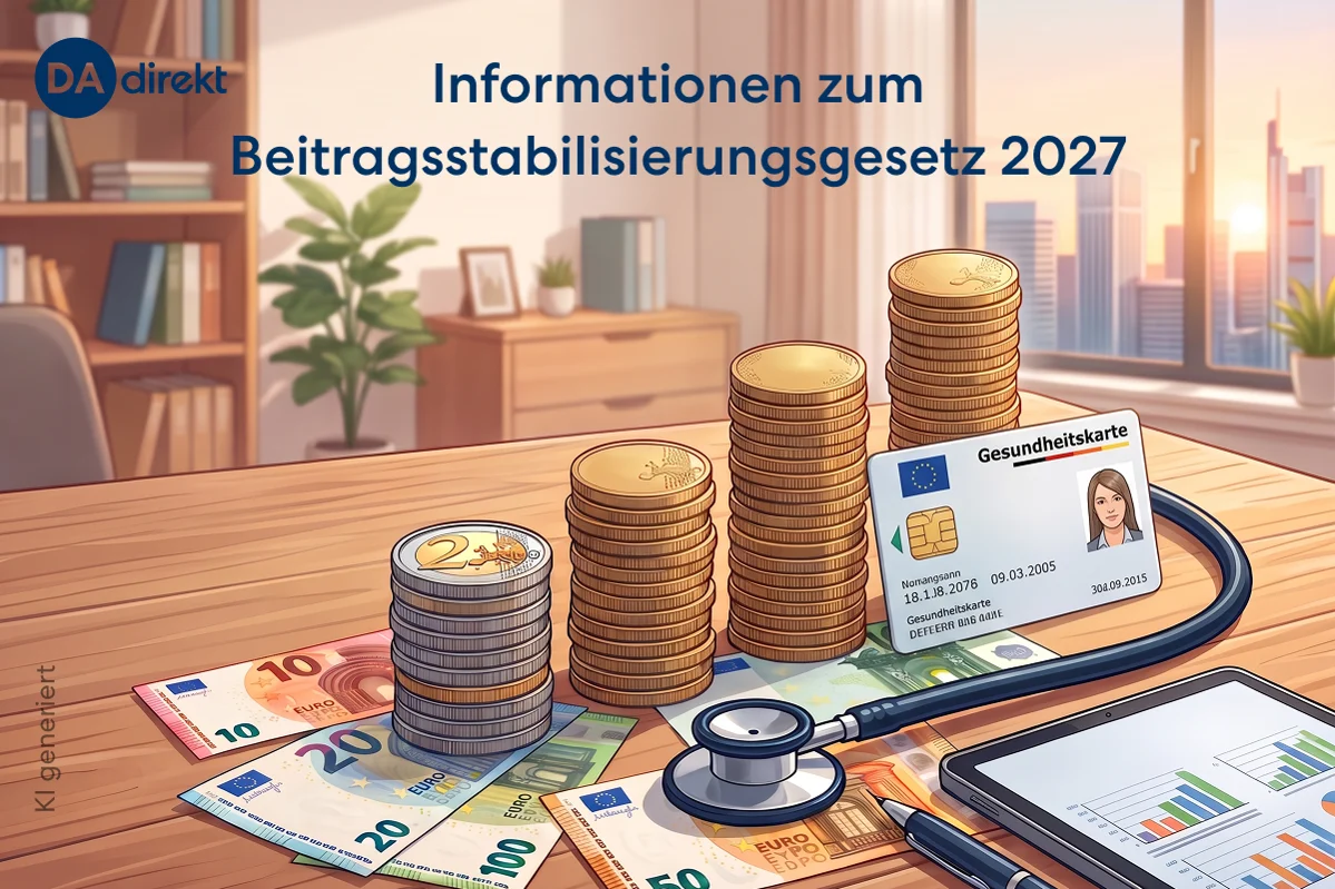 Beispieldarstellung von Geldtürmen, einen fiktiven Gesundheitskarte und einen Stethoskop