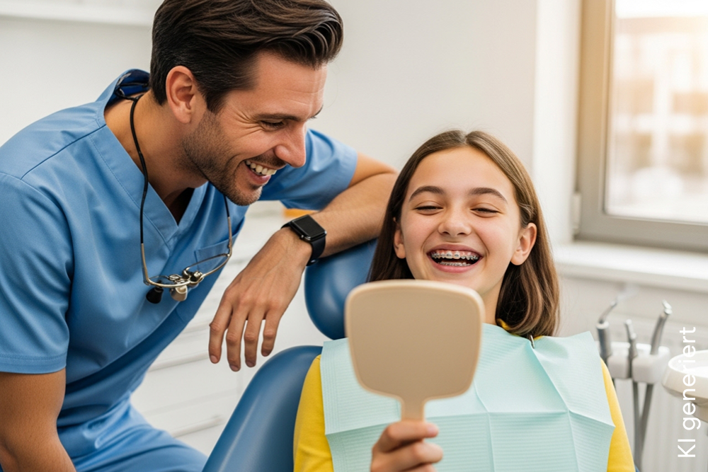 Mädchen mit Zahnspange sitzt beim Zahnarzt und bestaunt ihr Lächeln