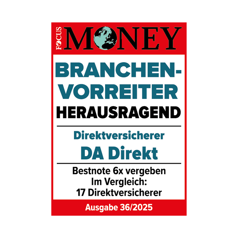 Focus Money Siegel in der Kategorie Branchenvorreiter für die DA Direkt Versicherung mit der Bewertung "Hervorragend"