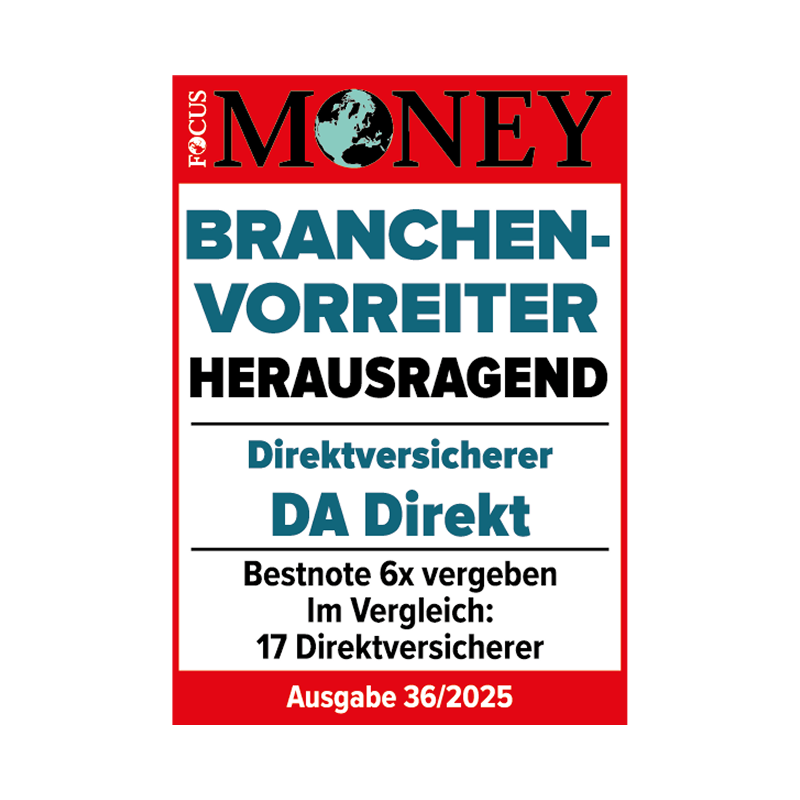 Focus Money Siegel in der Kategorie Branchenvorreiter für die DA Direkt Versicherung mit der Bewertung "Hervorragend"