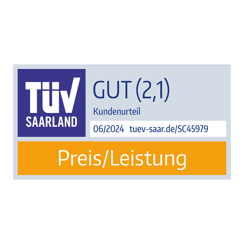 TÜV Saarland 06/2024 Siegel in der Kategorie "Preis/Leistung" mit der Note "Gut" für die DA Direkt Kfz-Versicherung