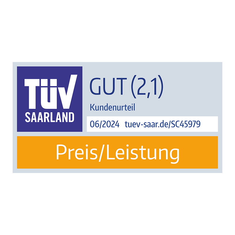 TÜV Saarland 06/2024 Siegel in der Kategorie "Preis/Leistung" mit der Note "Gut" für die DA Direkt Kfz-Versicherung