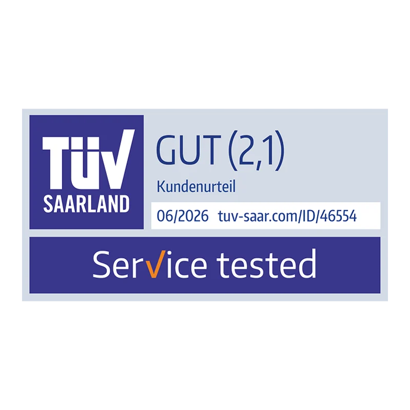 TÜV Saarland 06/2026 Siegel in der Kategorie "Service" mit der Note "Gut"