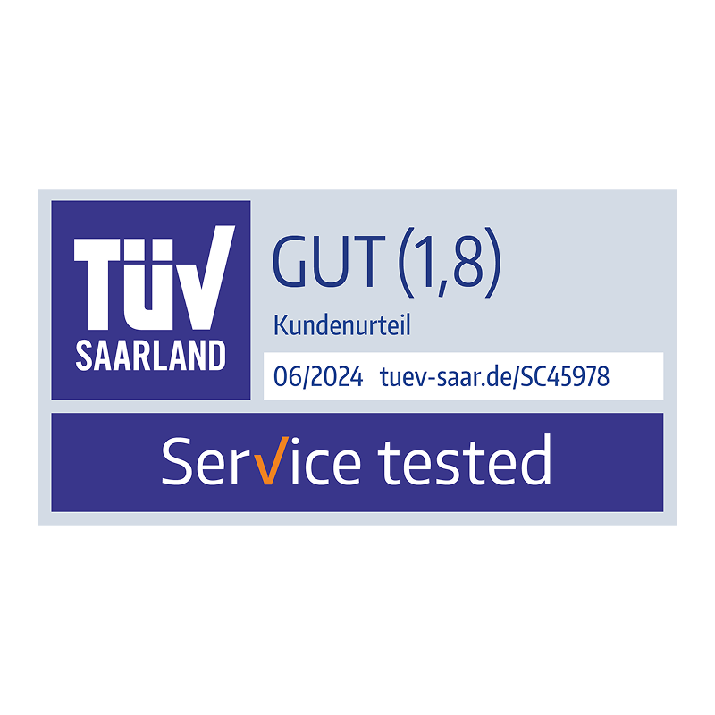 TÜV Saarland 06/2024 Siegel in der Kategorie "Service" mit der Note "Gut"