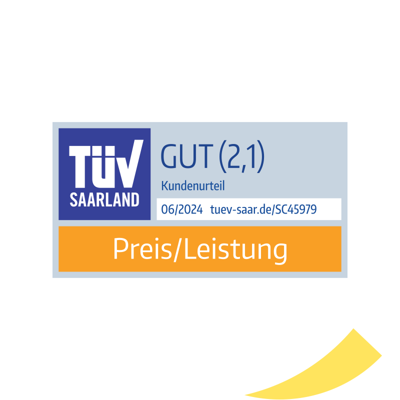 TÜV Saarland 06/2024 Siegel in der Kategorie "Preis/Leistung" mit der Note "Gut" für die DA Direkt Kfz-Versicherung