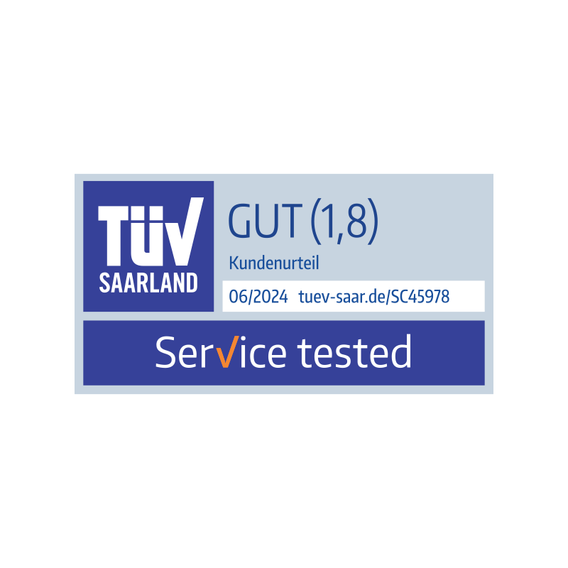 TÜV Saarland 06/2024 Siegel in der Kategorie "Service" mit der Note "Gut"