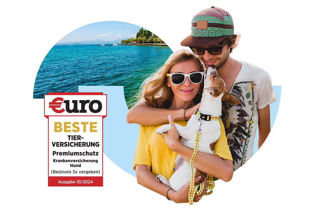€uro-Magazin Siegel: Beste Tierversicherung für den Premiumschutz der DA Direkt Hundekrankenversicherung neben Paar im Urlaub mit Hund auf dem Arm