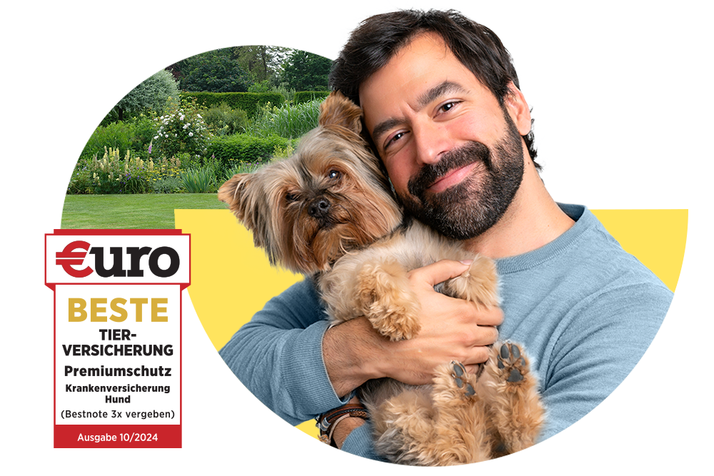 €uro-Magazin Siegel: Beste Tierversicherung für den Premiumschutz der DA Direkt Hundekrankenversicherung neben einem Mann, welcher seinen Hund umarmt