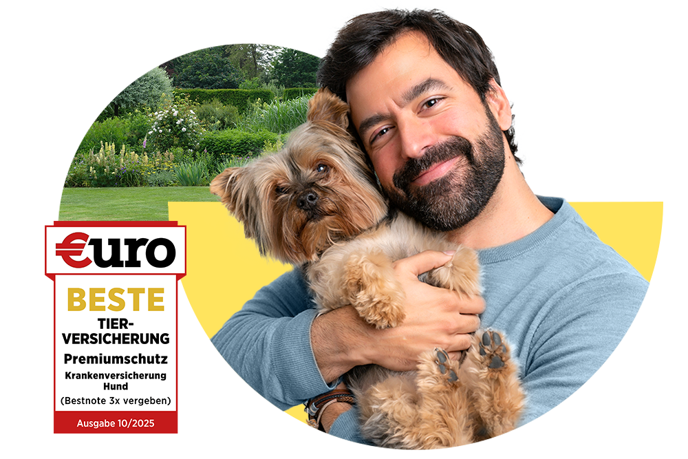 €uro-Magazin Siegel: Beste Tierversicherung für den Premiumschutz der DA Direkt Hundekrankenversicherung neben einem Mann, welcher seinen Hund umarmt