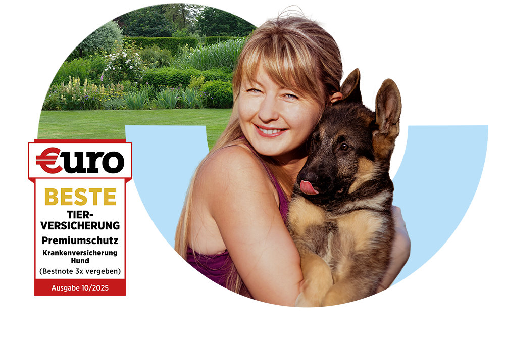 €uro-Magazin Siegel: Beste Tierversicherung für den Premiumschutz der DA Direkt Hundekrankenversicherung neben einer glücklichen jungen Frau mit Schäferhundwelpe im Arm