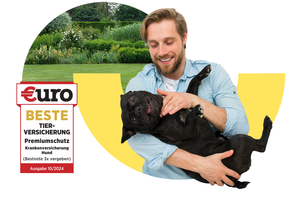 €uro-Magazin Siegel: Beste Tierversicherung für den Premiumschutz der DA Direkt Hundekrankenversicherung neben einem lachenden Mann, der einen Hund in den Armen hält