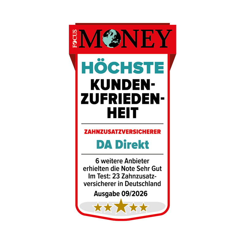 Focus Money Siegel für die Höchste Kundenzufriedenheit unter den Zahnzusatzversicherern für die Zahnzusatzversicherung der DA Direkt