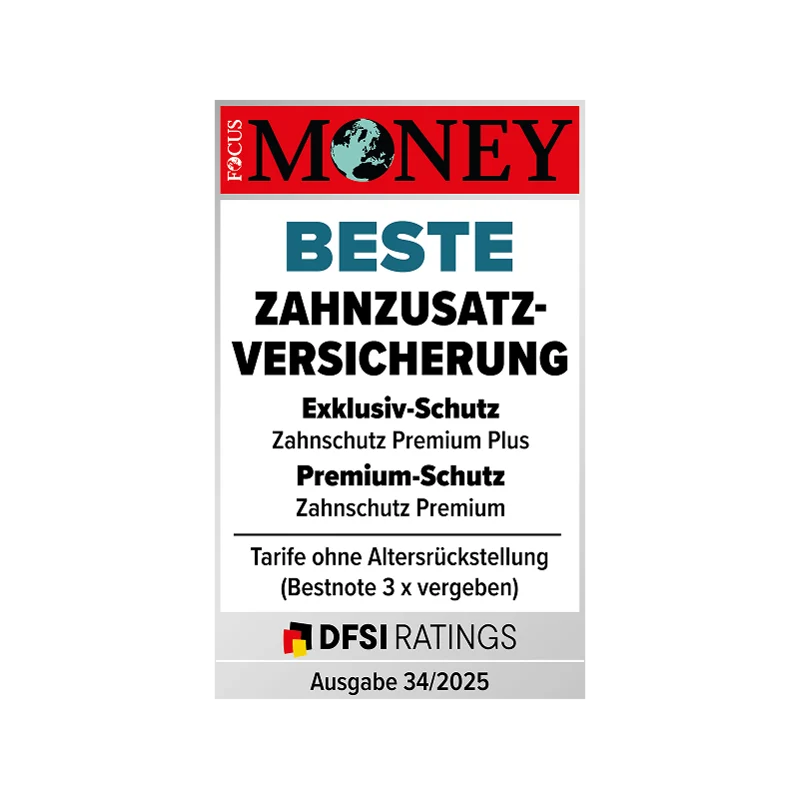 Fokus Money Siegel in der Kategorie Beste Zahnzusatzversicherung für die Tarife Premium Plus und Premium