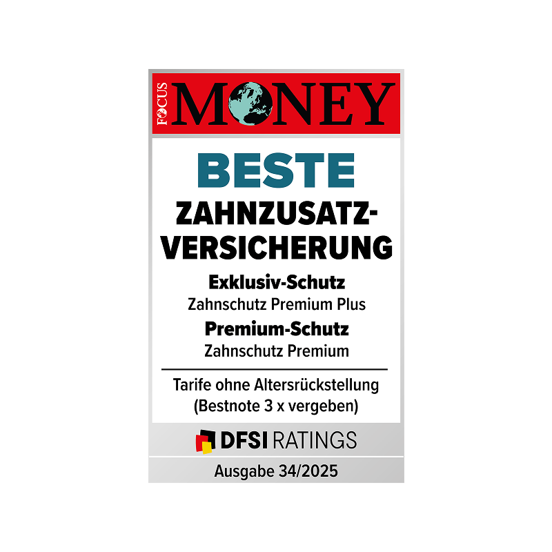 Fokus Money Siegel in der Kategorie Beste Zahnzusatzversicherung für die Tarife Premium Plus und Premium