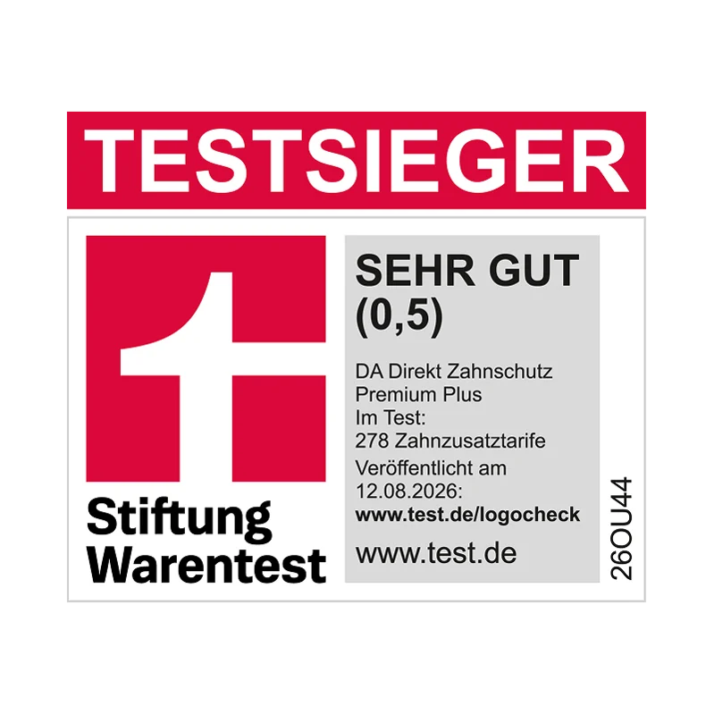 Stiftung Warentest Testsiegel: Bewertung ‚SEHR GUT (0,5)‘ für DA Direkt Zahnschutz Premium Plus, Test von 282 Zahnzusatztarifen, www.test.de/logocheck