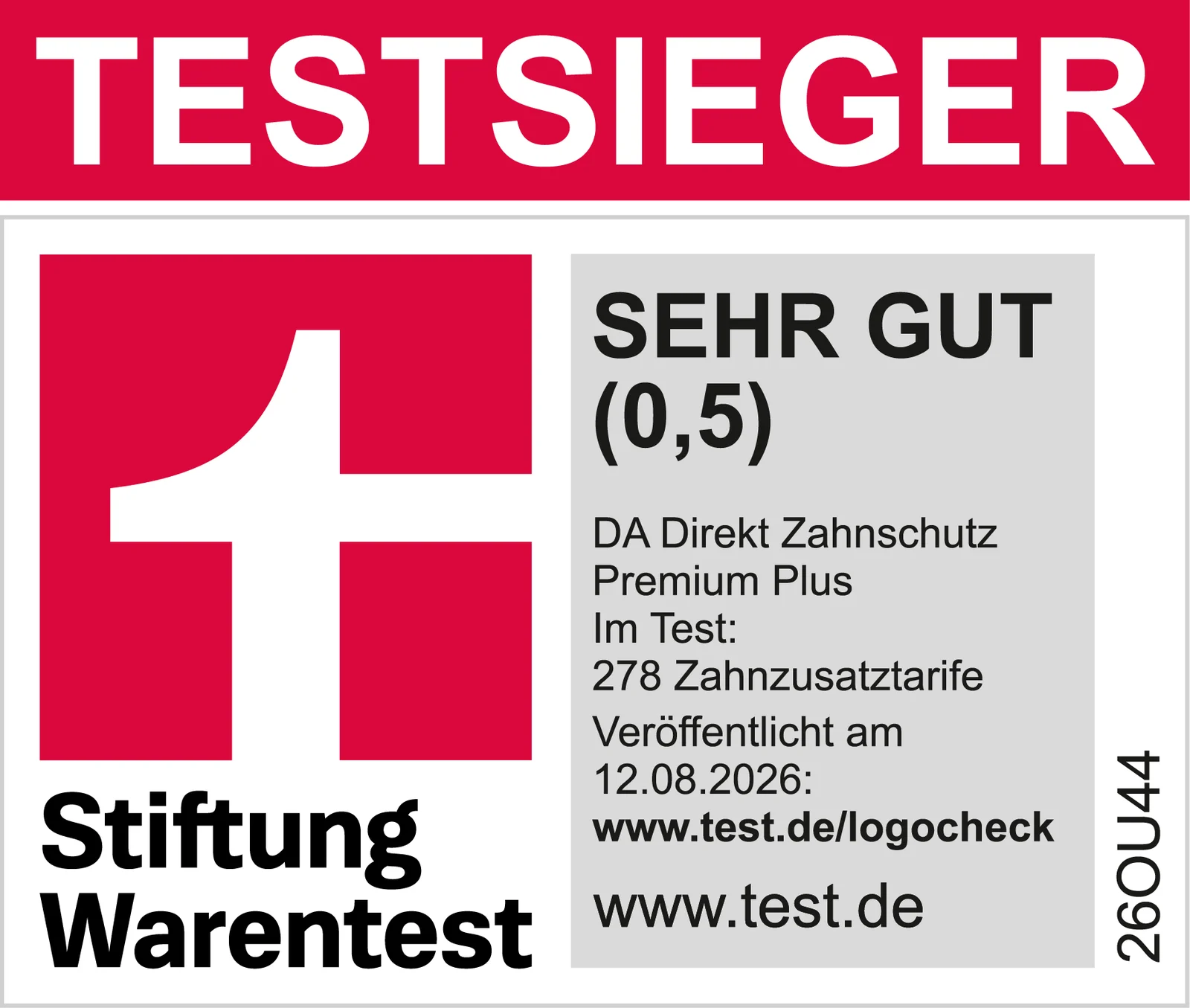 Stiftung Warentest Testsiegel: Bewertung ‚SEHR GUT (0,5)‘ für DA Direkt Zahnschutz Premium Plus, Test von 282 Zahnzusatztarifen, www.test.de/logocheck